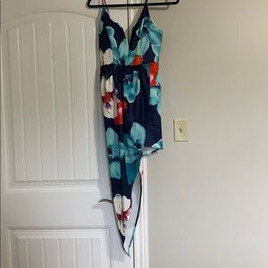 Navy Spaghetti Strap Floral Asymmetrical Dress